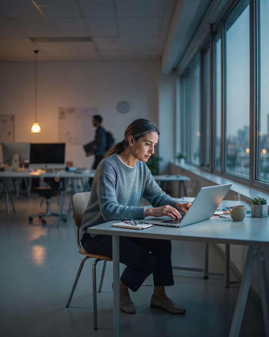 Profissional trabalhando em computador no fim do expediente.