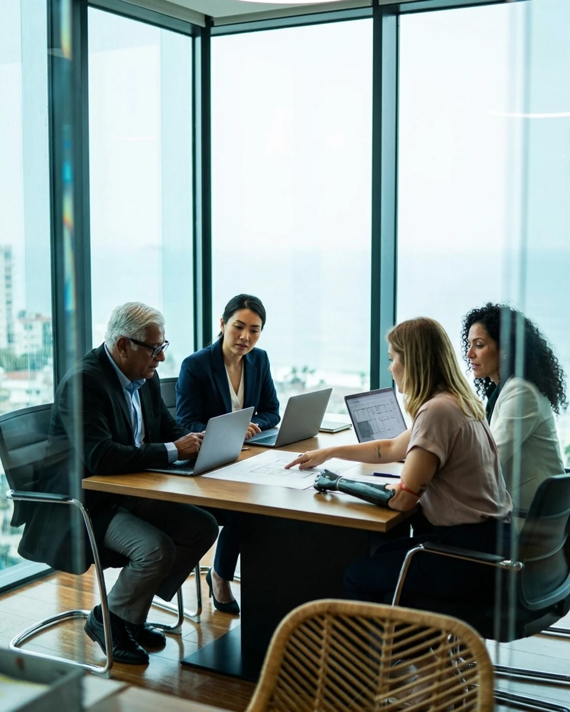Equipe diversa colaborando em uma reunião de trabalho inclusiva.