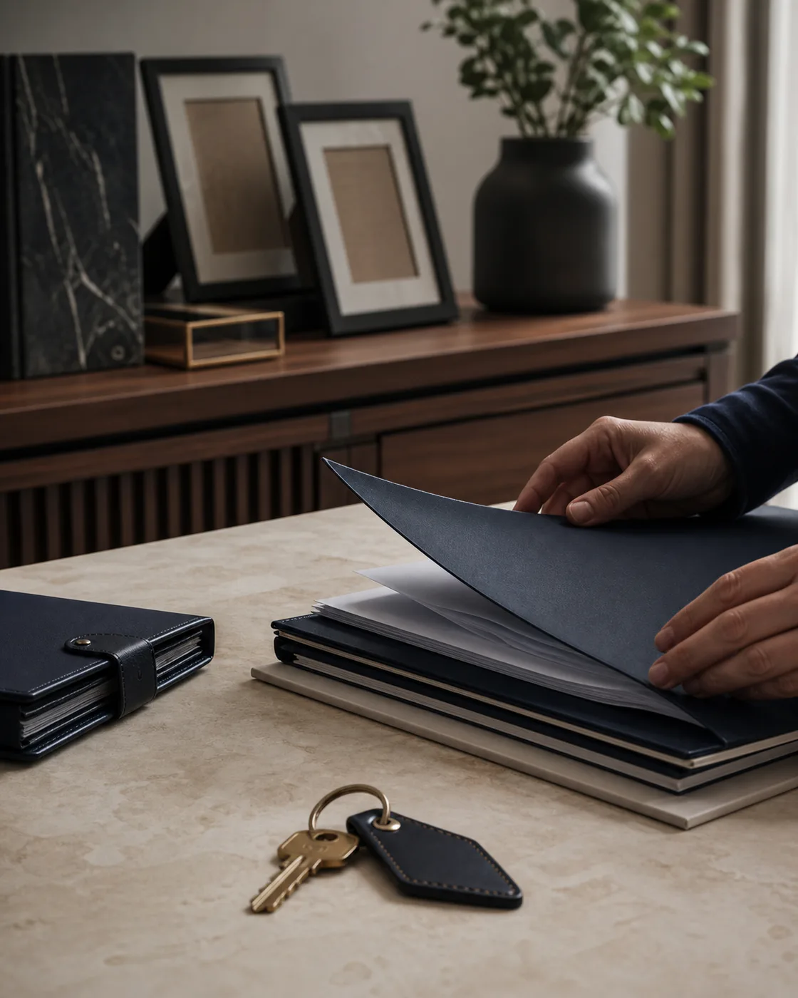 Documentos patrimoniais sendo organizados sobre uma mesa.