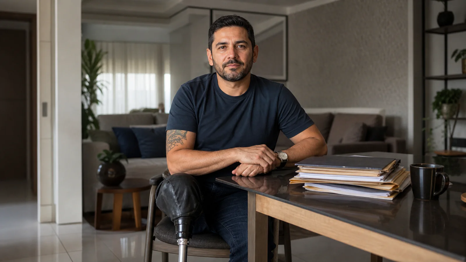 Homem com prótese na perna organiza documentos de sua vida profissional em casa.