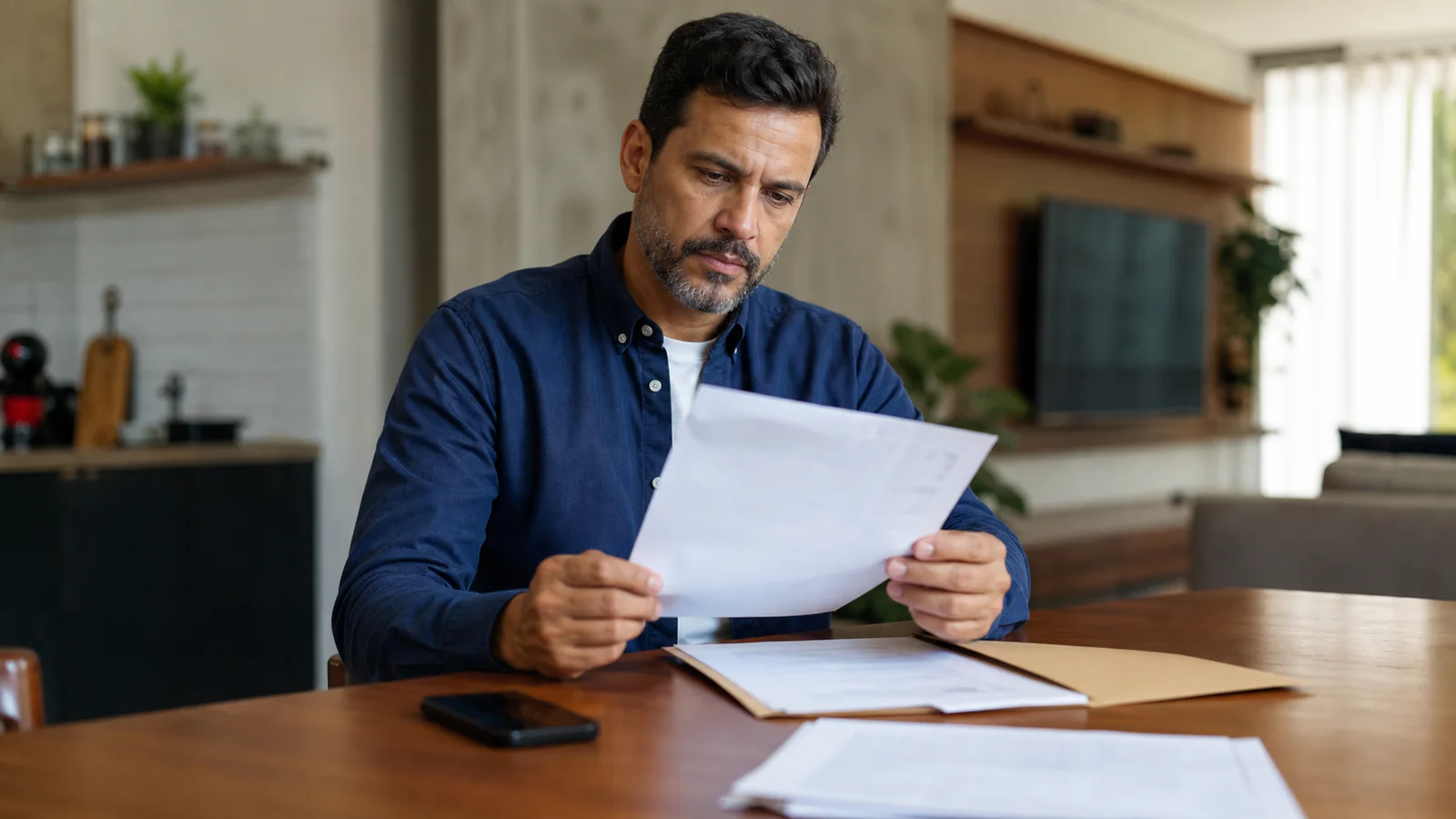Homem analisa em casa uma decisão recebida sobre benefício previdenciário.