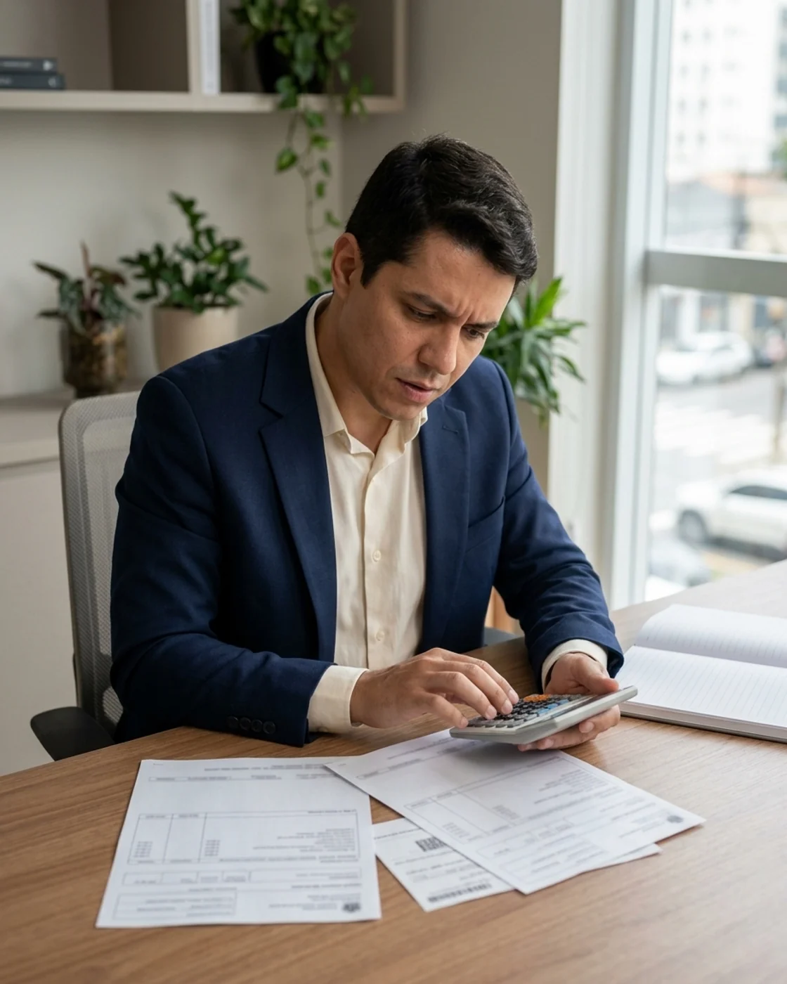 Profissional comparando documentos de remuneração com uma calculadora.
