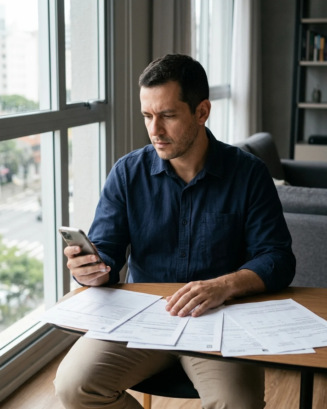Trabalhador analisando no celular informações e documentos relacionados ao trabalho.