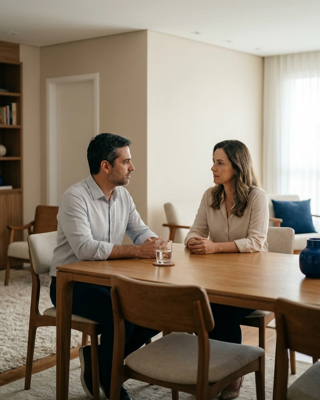 Dois adultos conversando com serenidade em um ambiente residencial.
