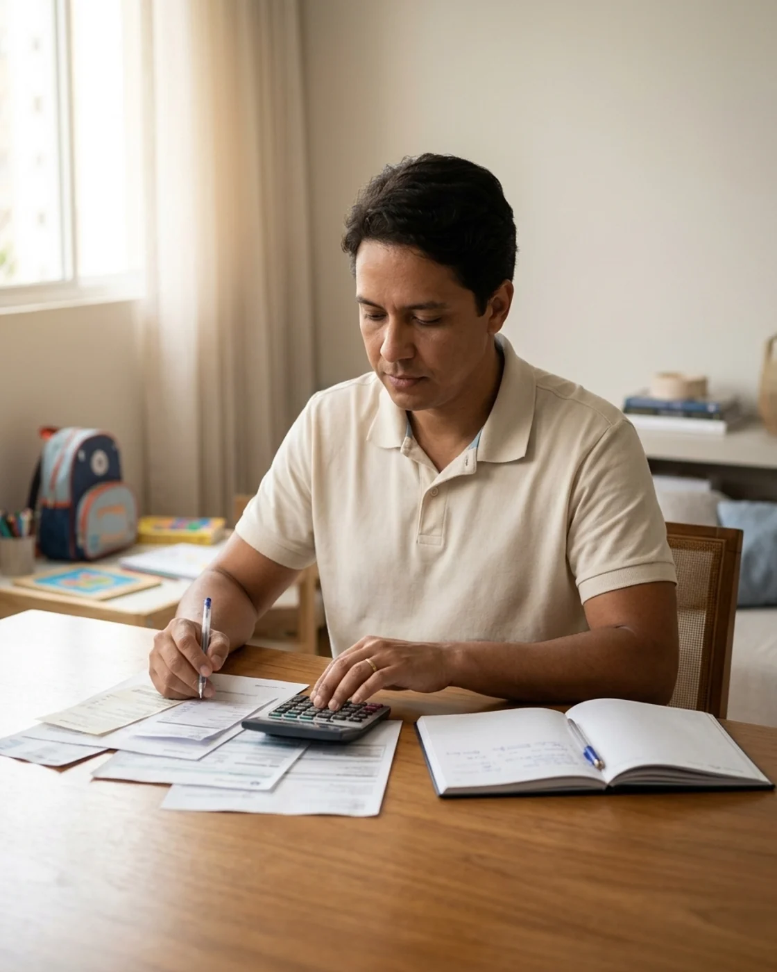Pai organizando contas e orçamento doméstico com material infantil ao fundo.