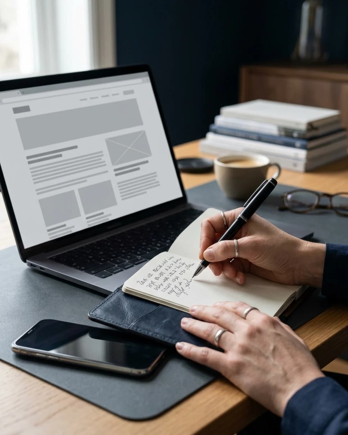 Informações de uma página digital sendo registradas com notebook, celular e caderno.