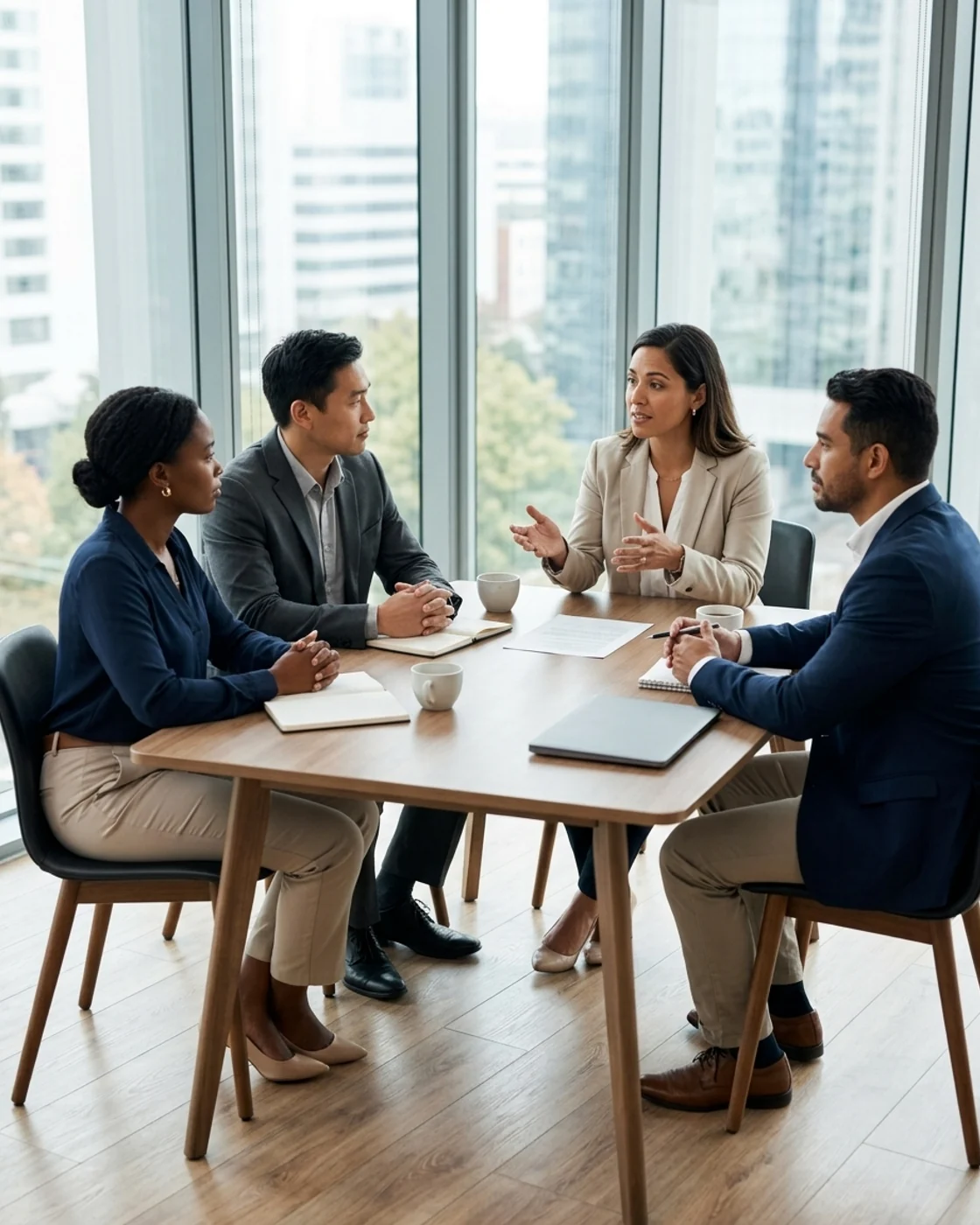 Equipe participando de uma conversa orientada sobre o ambiente de trabalho.